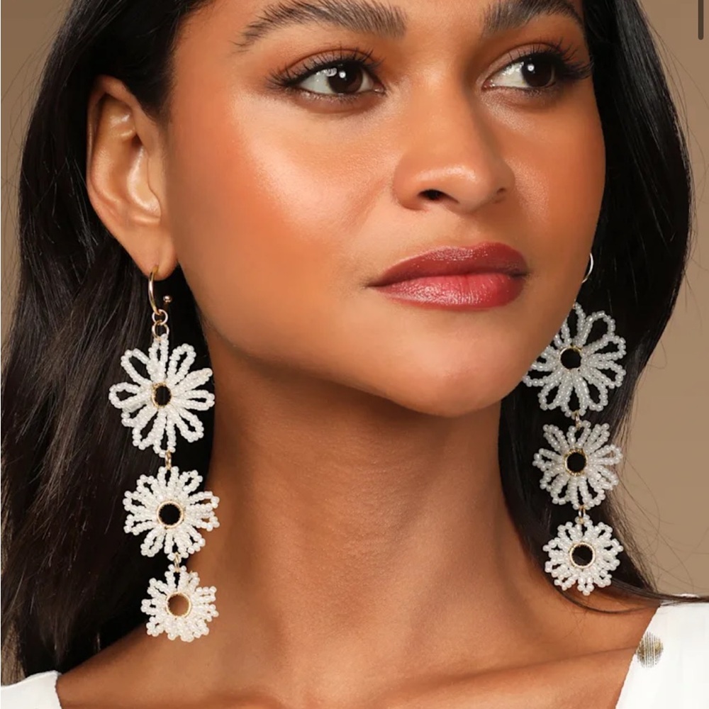 Lulus Bloomed for You White Beaded Daisy Drop Earrings